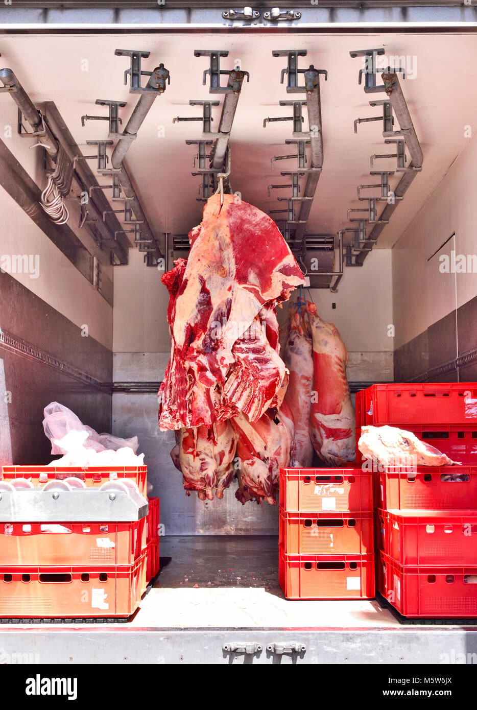 Food delivery of raw beef or pork, half beef in a cooling truck. Fresh red meat, buttery or slaughter house theme. Meat transporter, food industry. Stock Photo