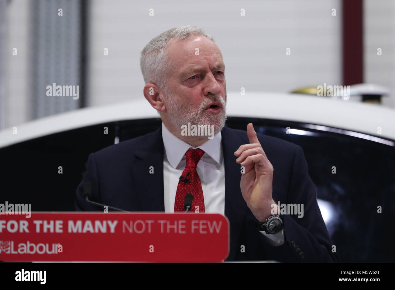 Labour leader Jeremy Corbyn delivers a Brexit speech at the National Transport Design Centre (NTDC), Coventry University Technology Park, in Coventry. Stock Photo
