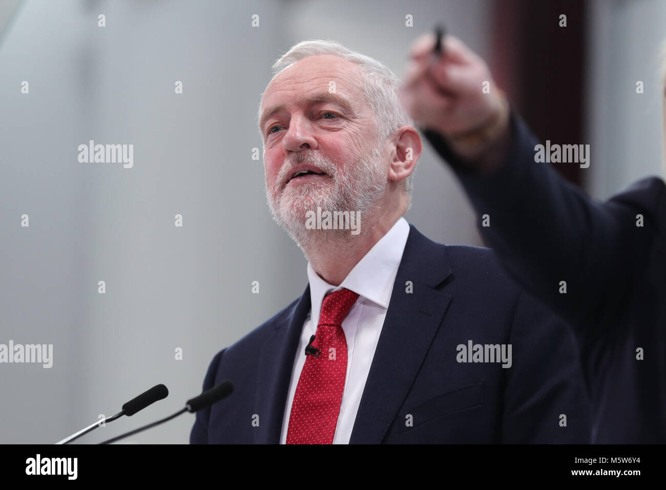 Labour leader Jeremy Corbyn delivers a Brexit speech at the National Transport Design Centre (NTDC), Coventry University Technology Park, in Coventry. Stock Photo