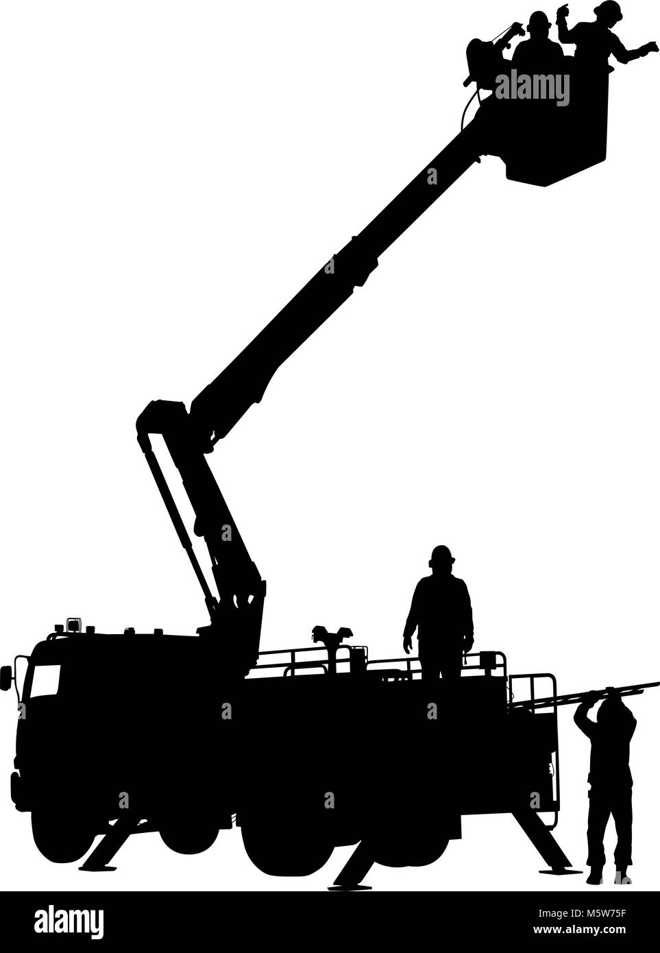 Editable vector silhouette of an emergency or maintenance vehicle in action with people as separate objects Stock Vector