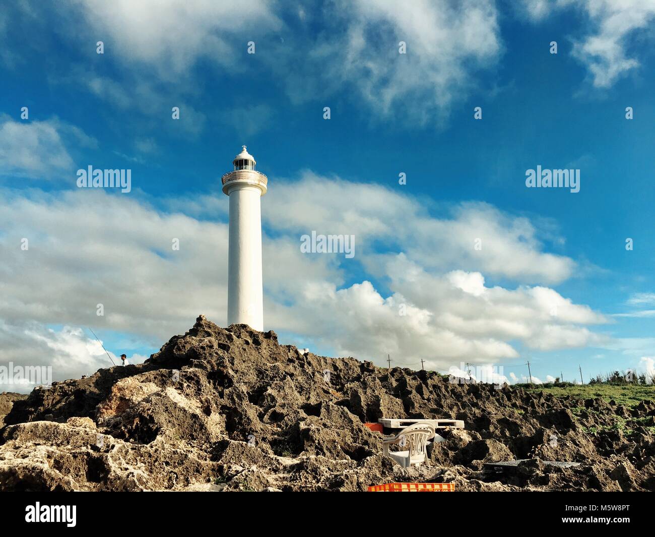Lighthouse overseeing Cape Zanpa. Picture taken at Cape Zanpa, Okinawa Stock Photo