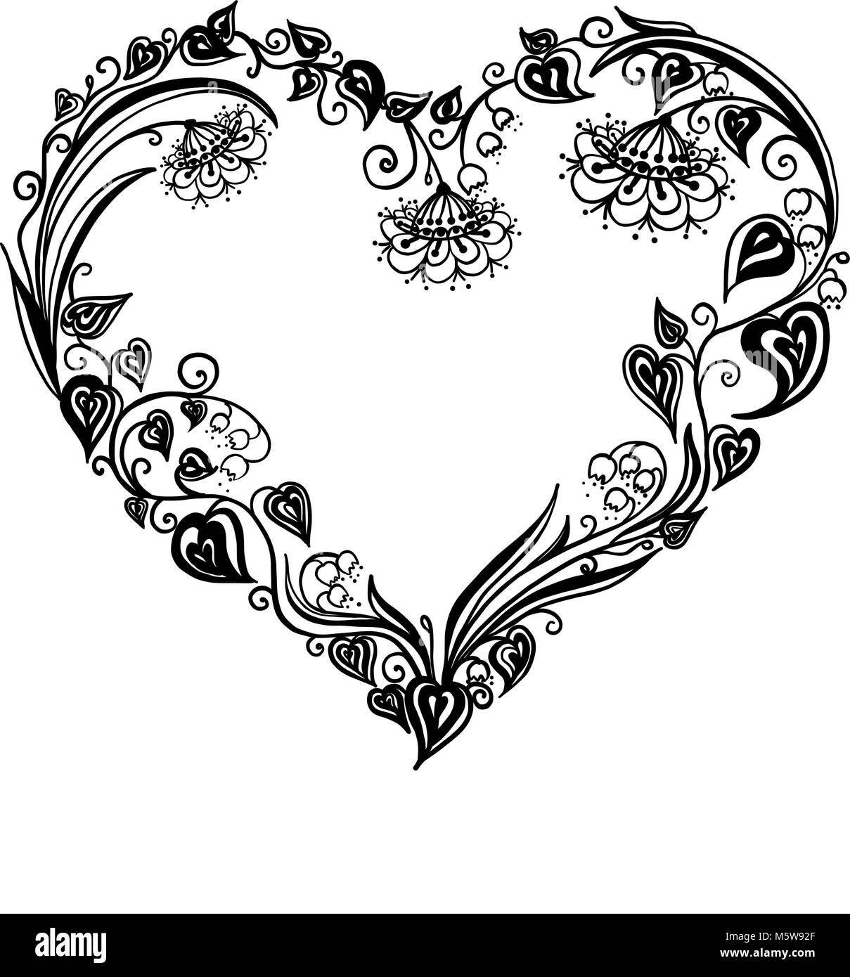 Floral heart. Bouquet composition with hand drawn flowers and plants. Monochrome vector romantic love illustration in sketch style. Valentine Day card Stock Vector