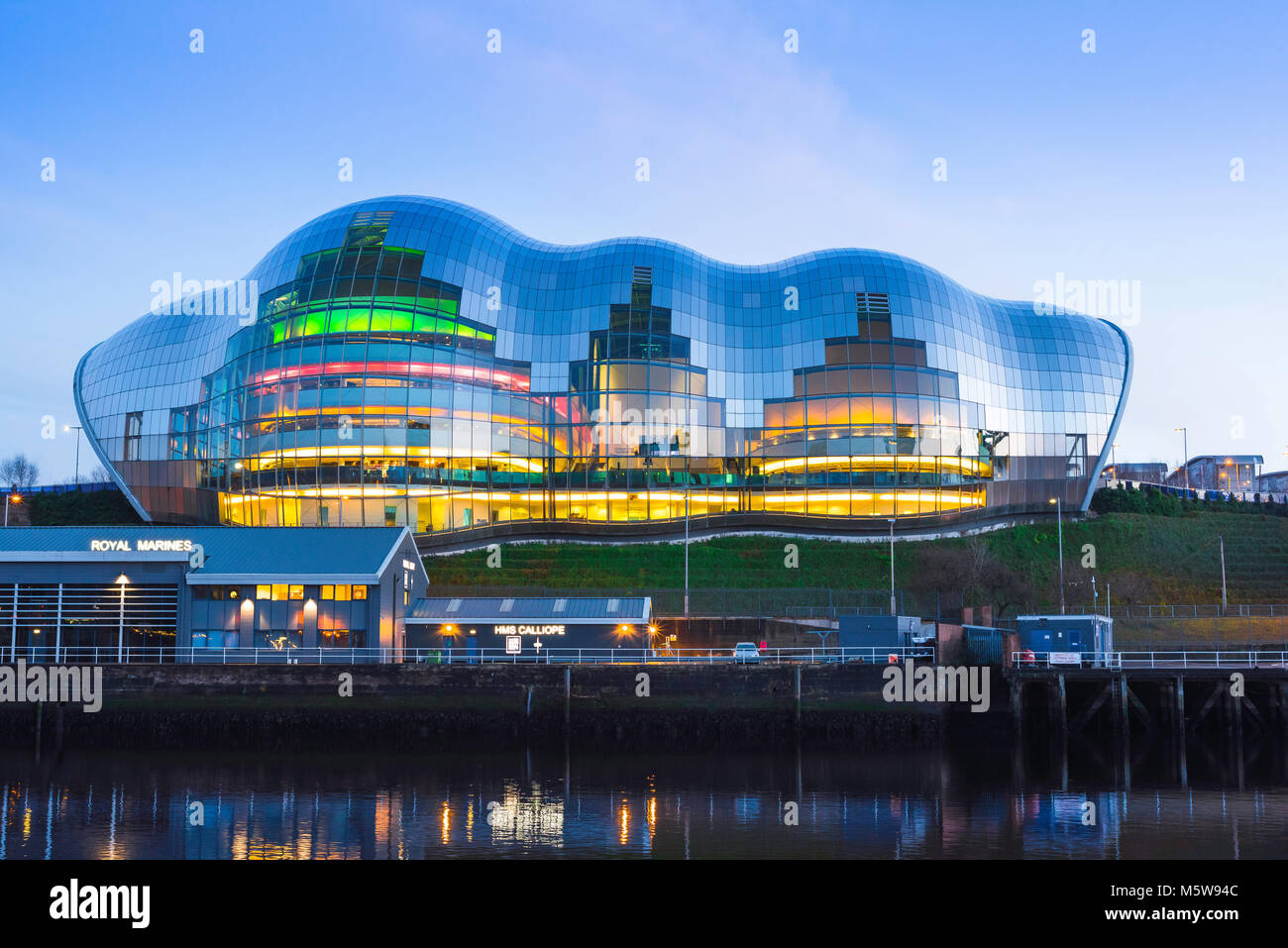 Newcastle England architecture, view at dusk of the Sage Gateshead building along the River Tyne in the centre of Newcastle, Tyne And Wear, UK Stock Photo