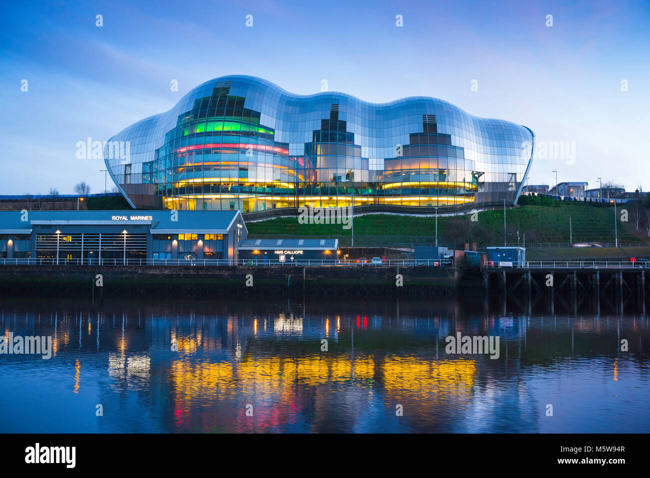 Sage Gateshead building, view at dusk of the Sage Gateshead building along the River Tyne in the centre of Newcastle, Tyne And Wear, England, UK Stock Photo