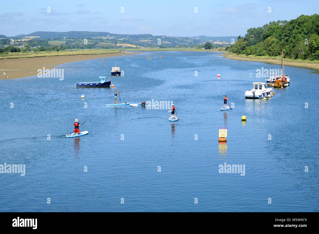 Group of people enjoy stand up paddle boarding on the river Axe near