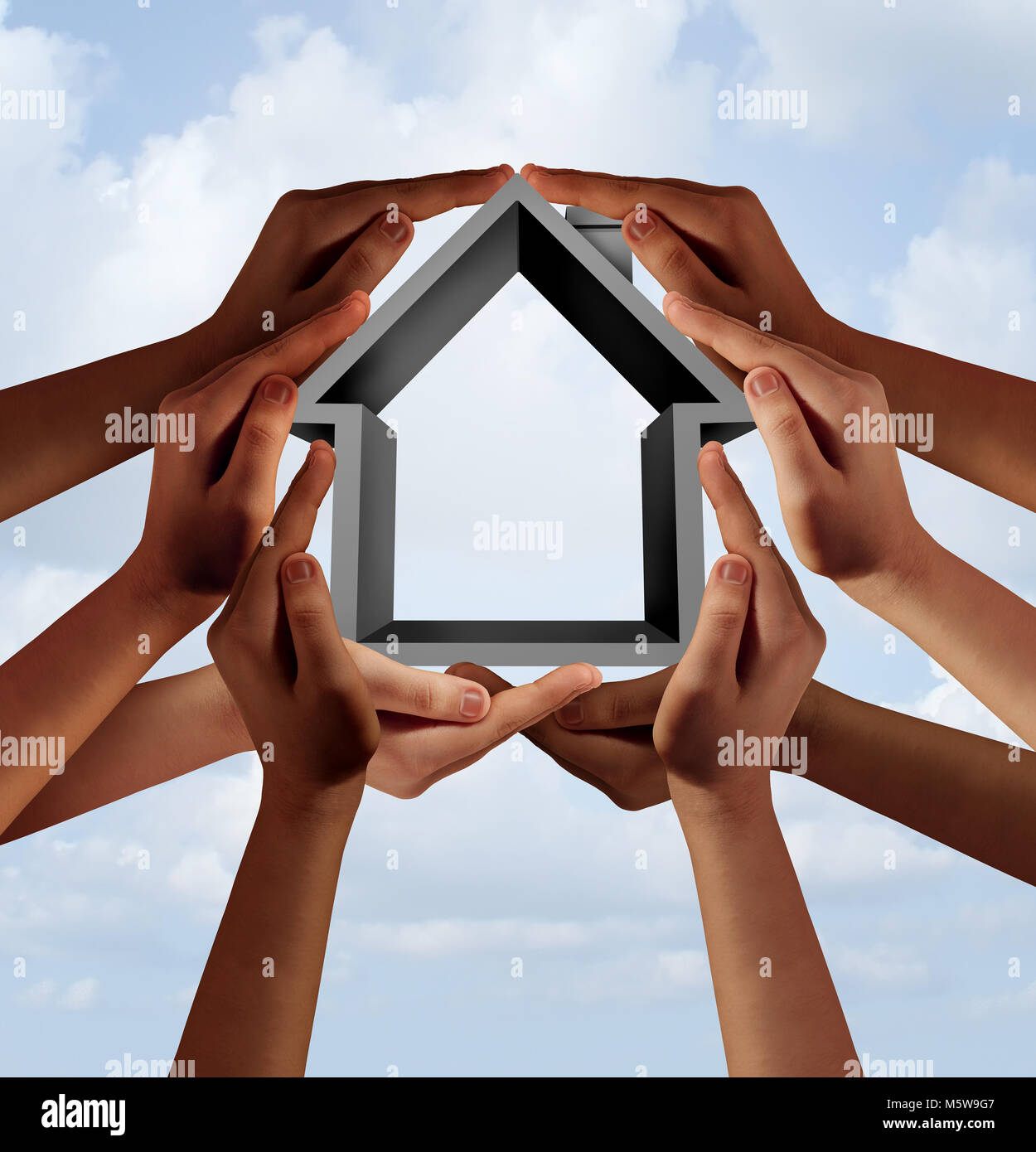 Social housing and affordable community property as a group of diverse hands holding a family