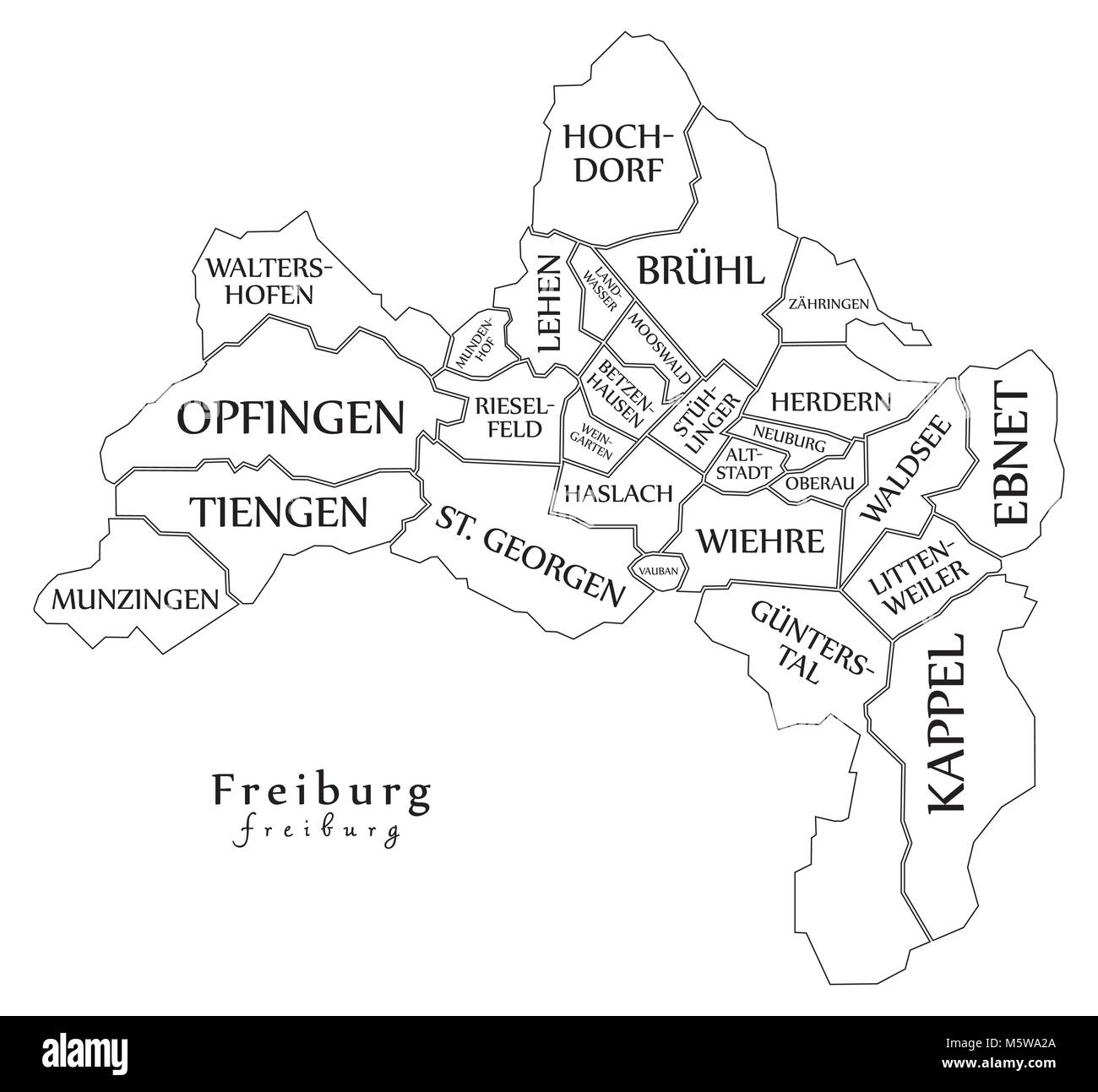 Modern City Map Freiburg city of Germany with boroughs and titles DE outline map Stock Vector