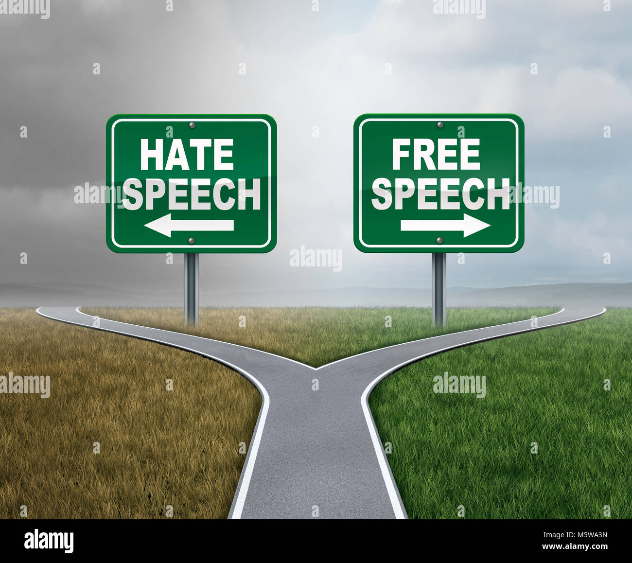 Free speech and hate talk as freedom or hatred symbol as opposite political directions with 3D illustration elements. Stock Photo