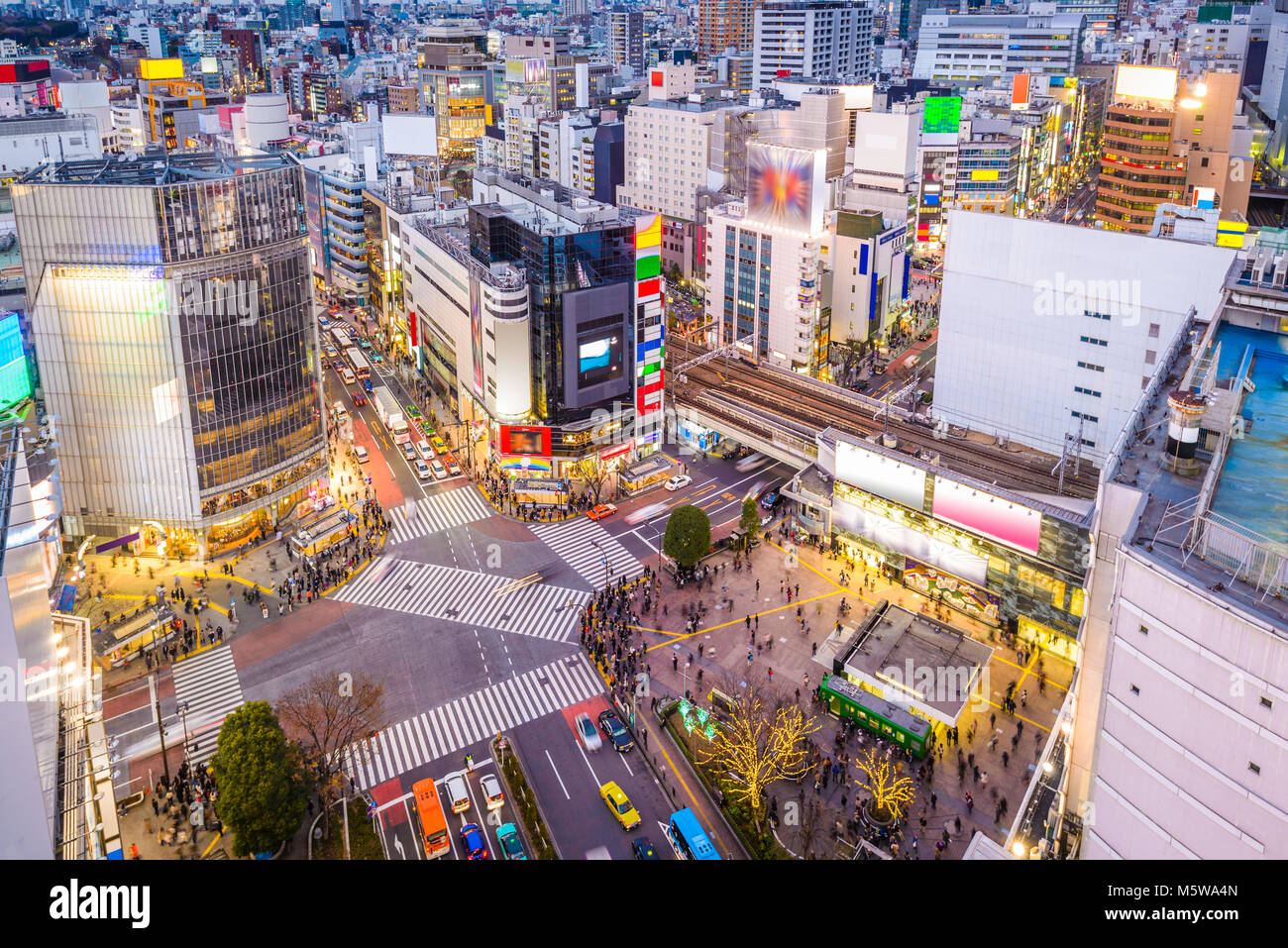 Shibuya, Tokyo, Japan cityscape over the scramble crosswalk. Stock Photo