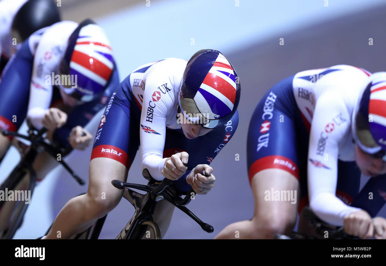 Laura Kenny with teammates from the GB Cycling women's endurance team during a training session at the HSBC National Cycling Centre, Manchester. Stock Photo