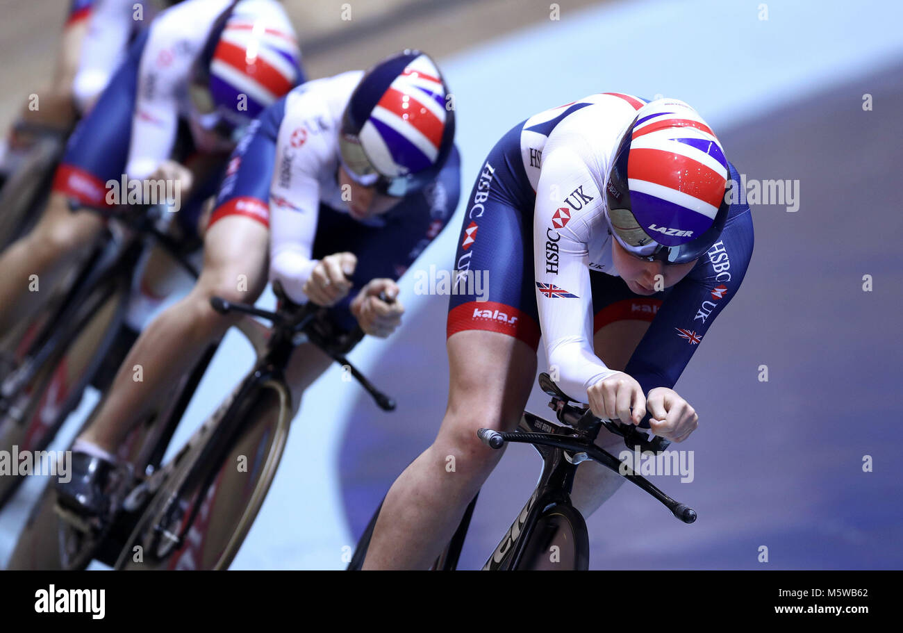 Katie Archibald with teammates from the GB Cycling women's endurance team during a training session at the HSBC National Cycling Centre, Manchester. Stock Photo