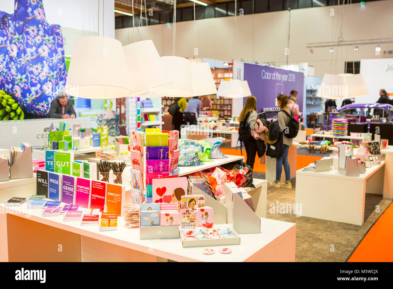 Frankfurt, Germany. 9th Feb, 2018. Ambiente 2018 (9th to 13th Feb, 2018), world's most important consumer goods trade fair, with the product segments Dining (kitchenware, tableware, household products), Giving (gifts, personal accessories) and Living (interior design, furnishings, decoration). Here: booth of CEDON MuseumShops GmbH presenting giving products. Credit: Christian Lademann Stock Photo
