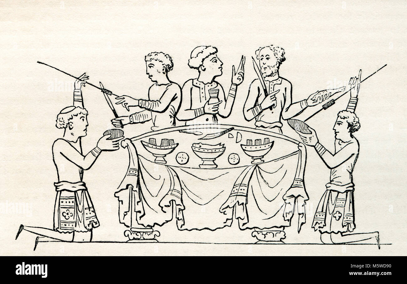A dinner party, after a Cotton MS.  The Cotton or Cottonian library is a collection of manuscripts once owned by Sir Robert Bruce Cotton (1571–1631), an antiquarian and bibliophile.  From Old England: A Pictorial Museum, published 1847. Stock Photo