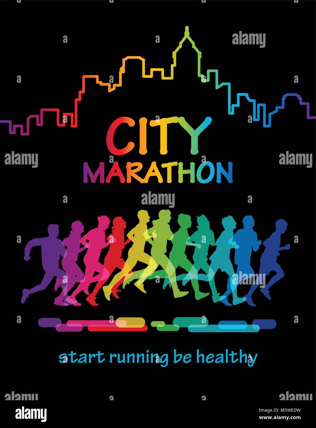 Let's run for health. Running competition. Crowd of people is running