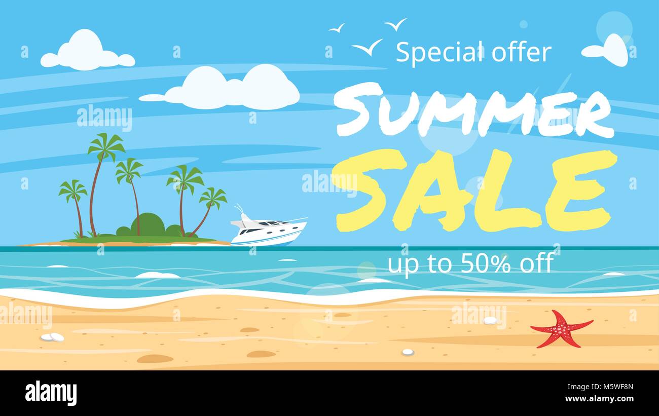 Vector Cartoon Style Summer Sale Banner Background Of Sea Shore
