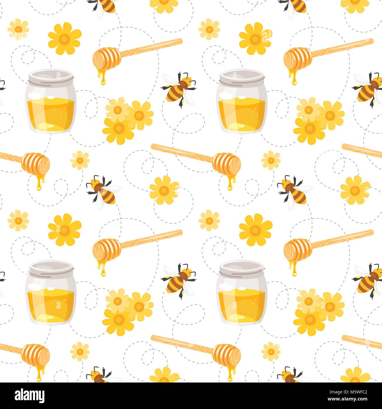 Vector cartoon style seamless pattern with flying bees, honey jars and ...