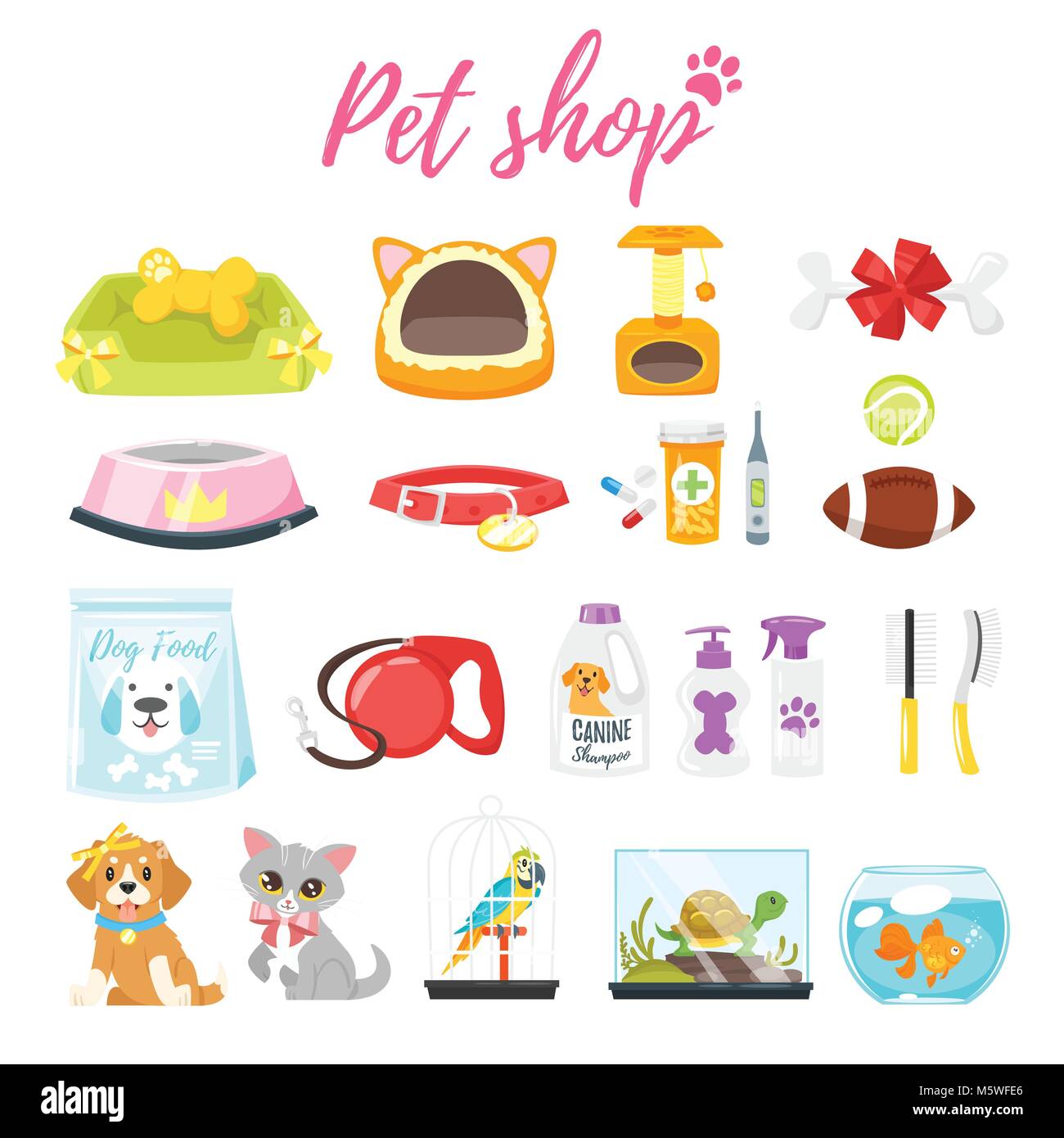 Vector cartoon style set of pet shop icons; animals, accessories and healthcare items. Isolated on white background. Stock Vector