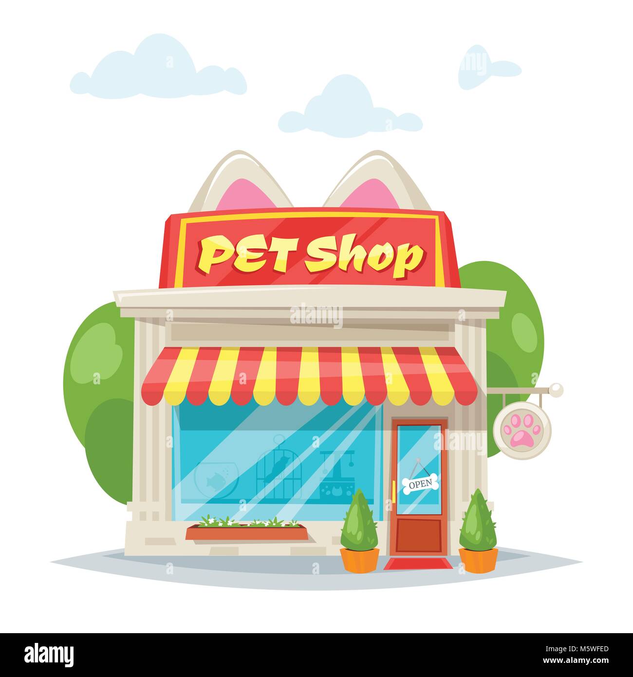 Vector cartoon style illustration of pet shop facade with bright banner with cat ears. Store building exterior. Isolated on white background. Showcase Stock Vector