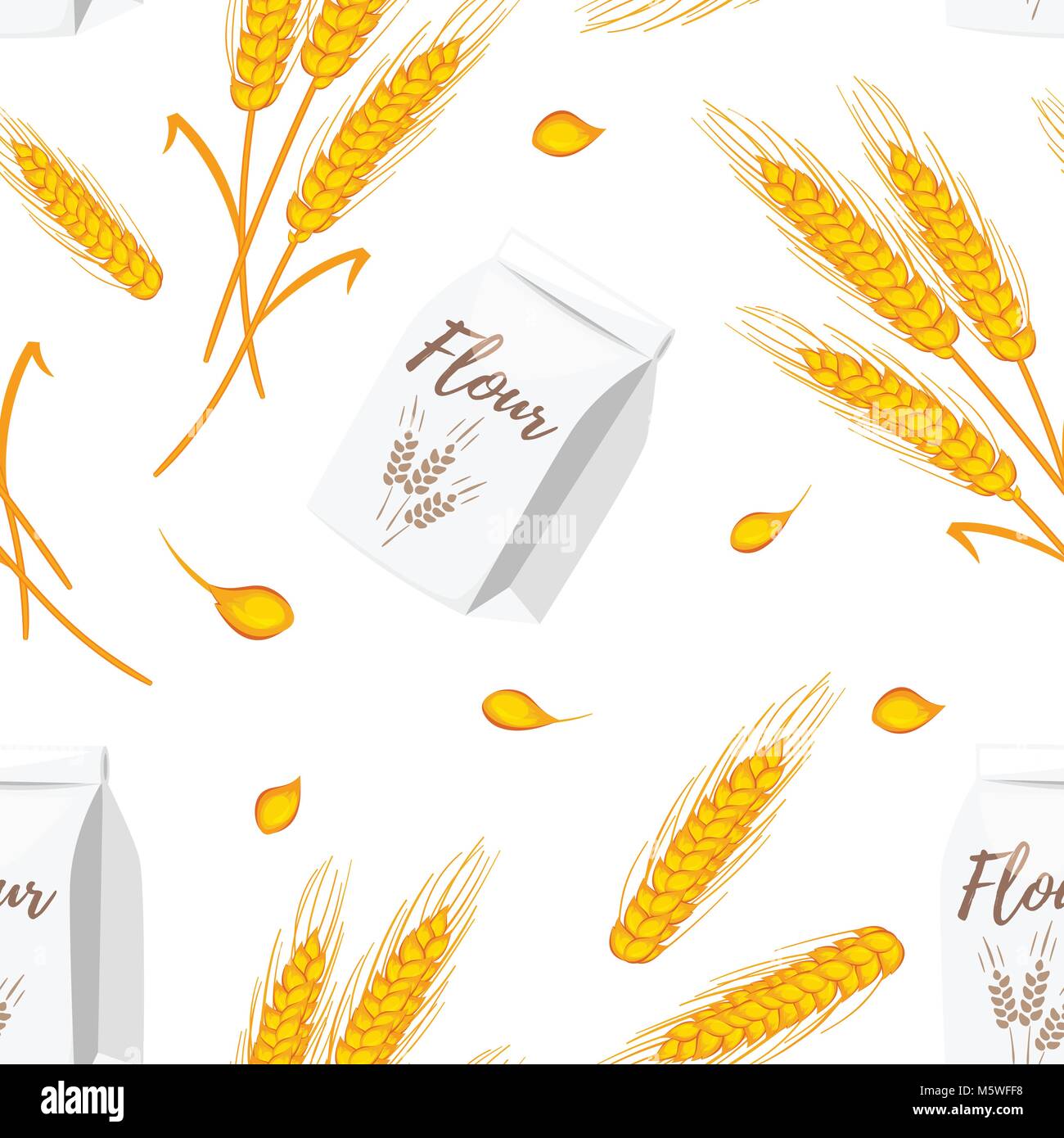 Vector cartoon style seamless pattern with wheat cereals, flour package. Grain plant isolated on white background. Stock Vector