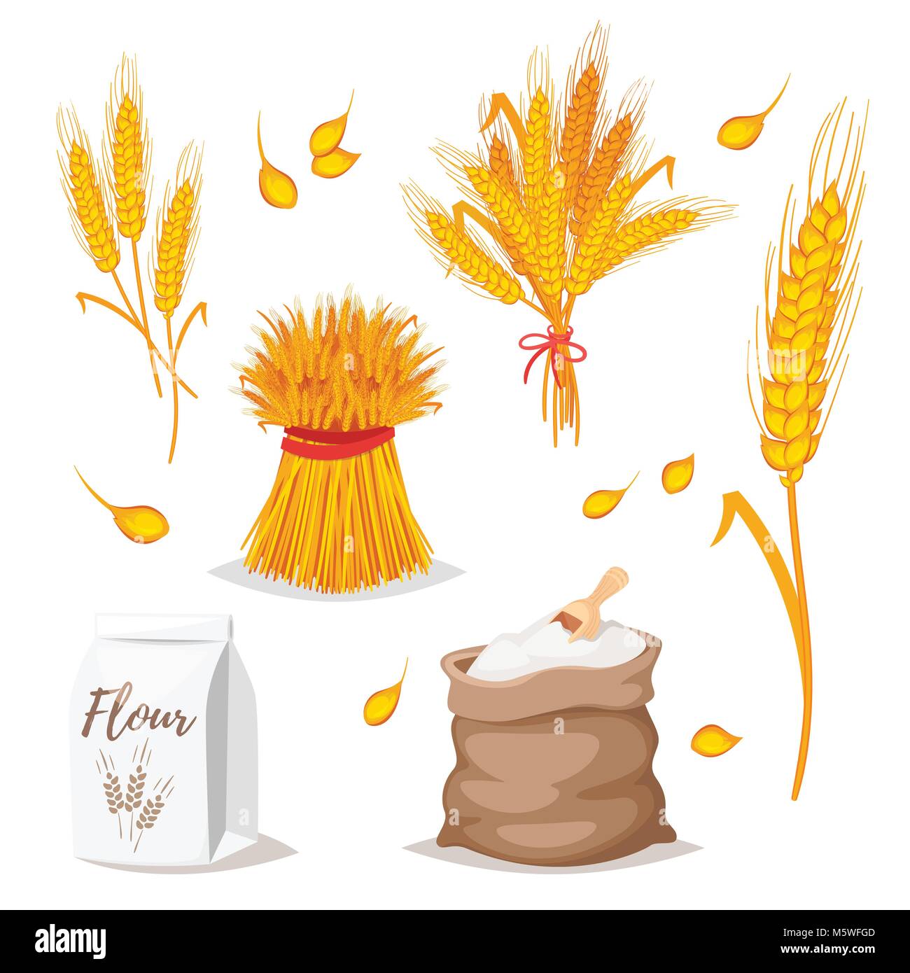 Vector cartoon style illustration of cereals - wheat. Grain plant isolated on white background. Ears of wheat, sheaf, and a packet of flour. Stock Vector