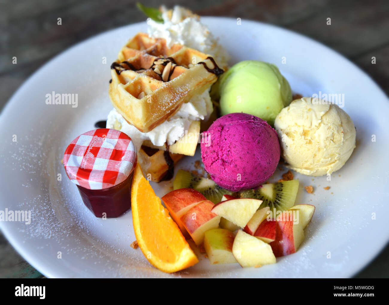 Set Ice cream mix fruit have three kind of fruit ice cream style Stock