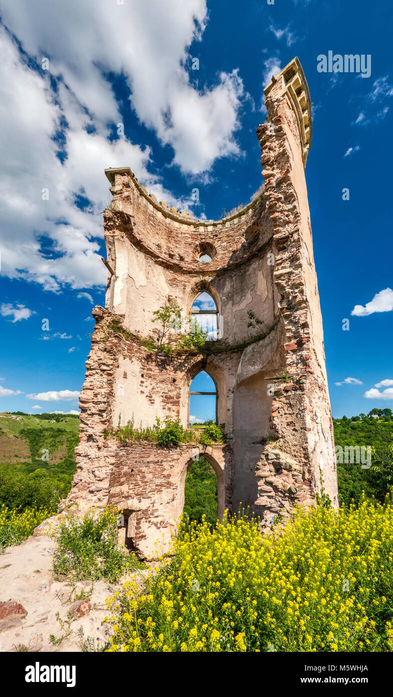 Ruins of Chervonohorod Castle over Dnister River Valley, near Nyrkiv in Ternopil Oblast, Ukraine Stock Photo