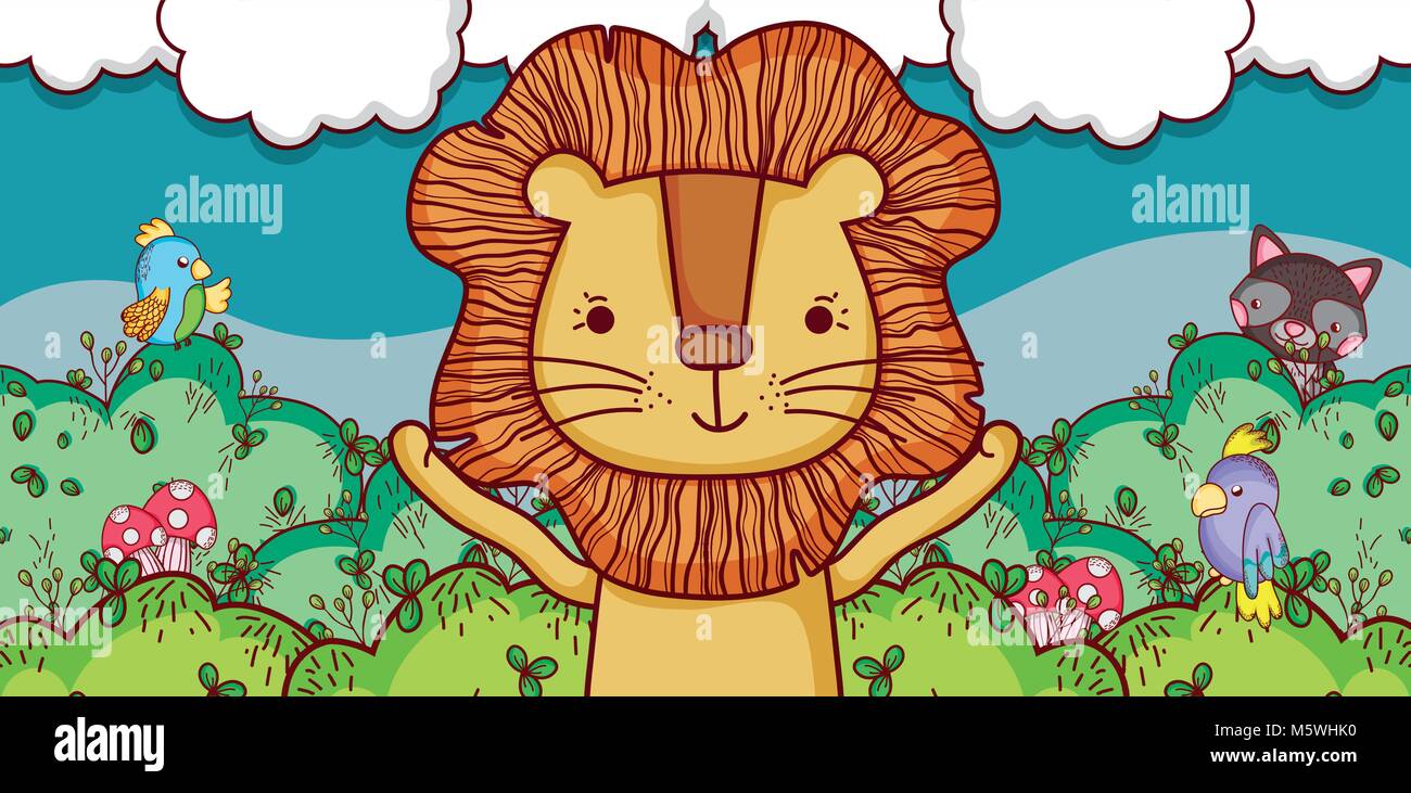 Cute lion in the forest cartoon vector illustration graphic design ...