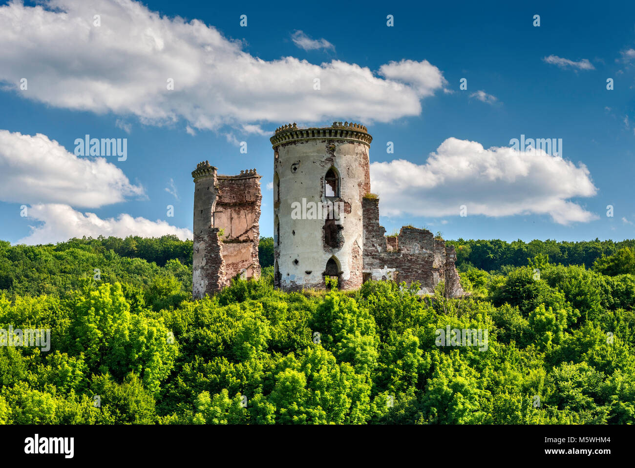 Ruins of Chervonohorod Castle over Dnister River Valley, near Nyrkiv in Ternopil Oblast, Ukraine Stock Photo
