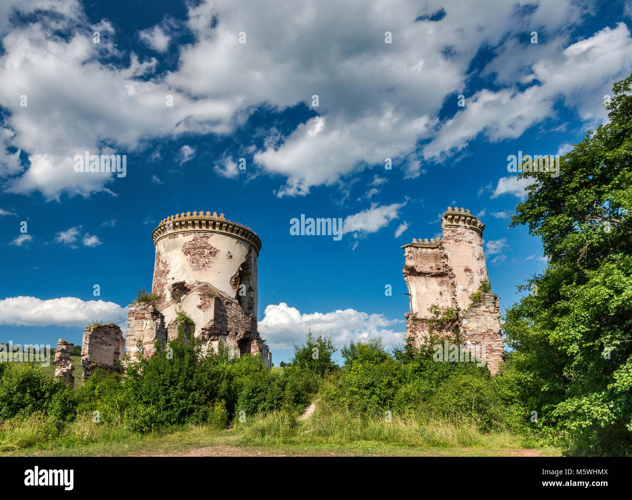 Ruins of Chervonohorod Castle over Dnister River Valley, near Nyrkiv in Ternopil Oblast, Ukraine Stock Photo