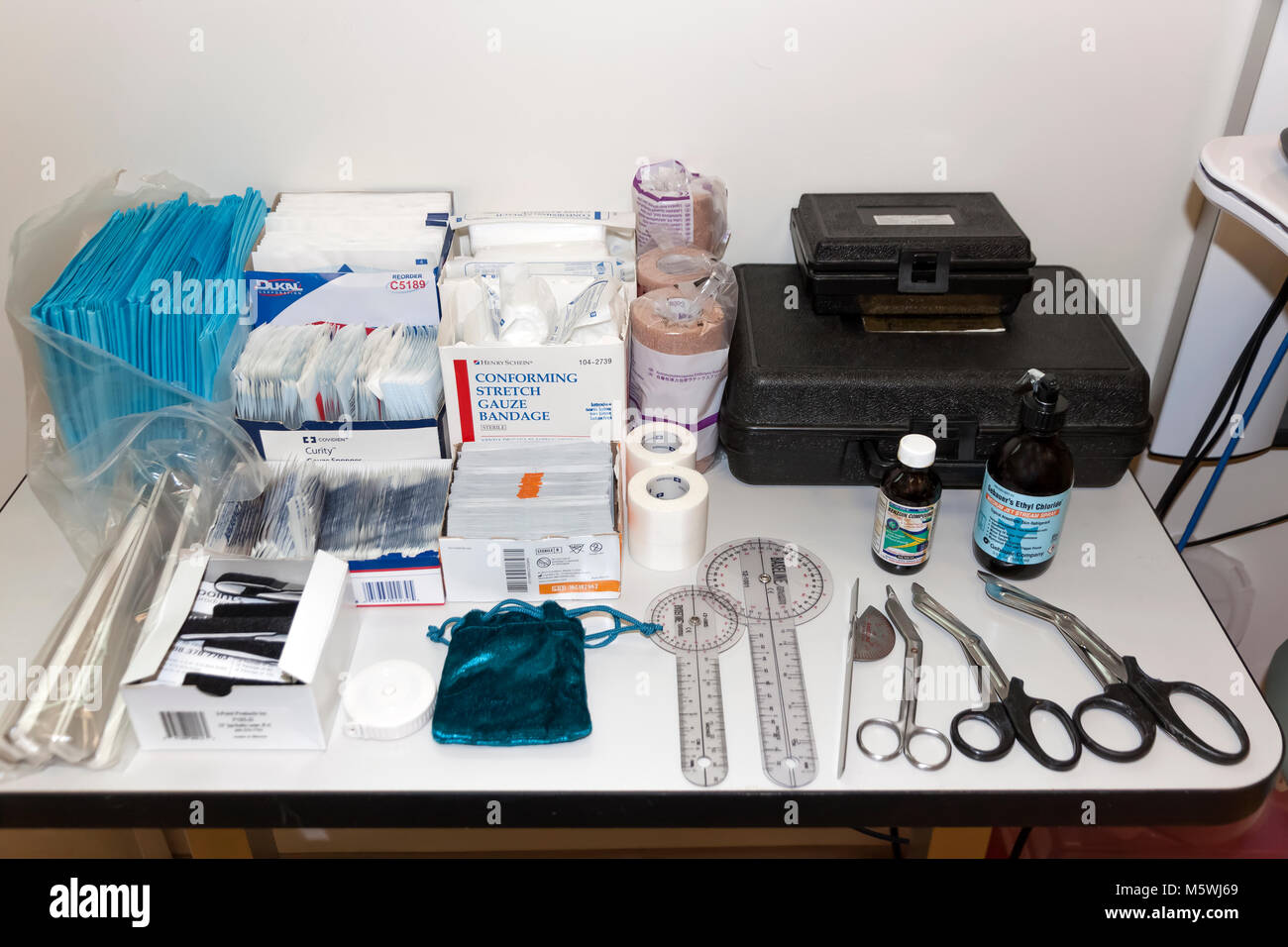 Medical Doctor Office Exam Room Supplies On Table Stock