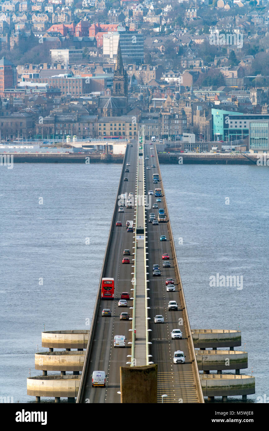 View over city of Dundee from the Tay Road Bridge in Tayside, Scotland