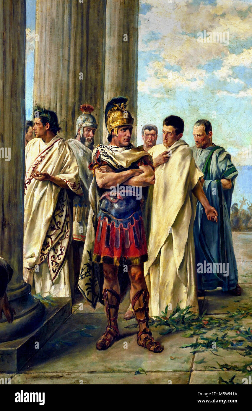 Visit by emperor Julius Caesar to the famous temple of Hercules Gaditano.) Federico Godoy Castro (1869-1939).  ( This painting by Federico Godoy ( Spanish ),1894, recreates a visit by Julius Caesar  to the famous temple of Hercules Gaditano.) Italy,Italian Stock Photo