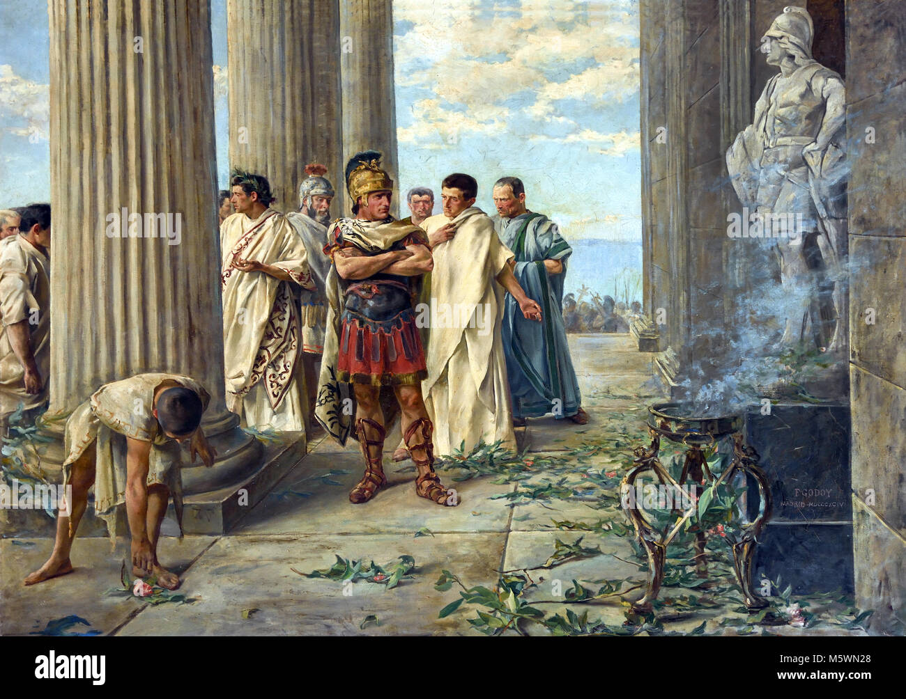 Visit by emperor Julius Caesar to the famous temple of Hercules Gaditano.) Federico Godoy Castro (1869-1939).  ( This painting by Federico Godoy ( Spanish ),1894, recreates a visit by Julius Caesar  to the famous temple of Hercules Gaditano.) Italy,Italian Stock Photo