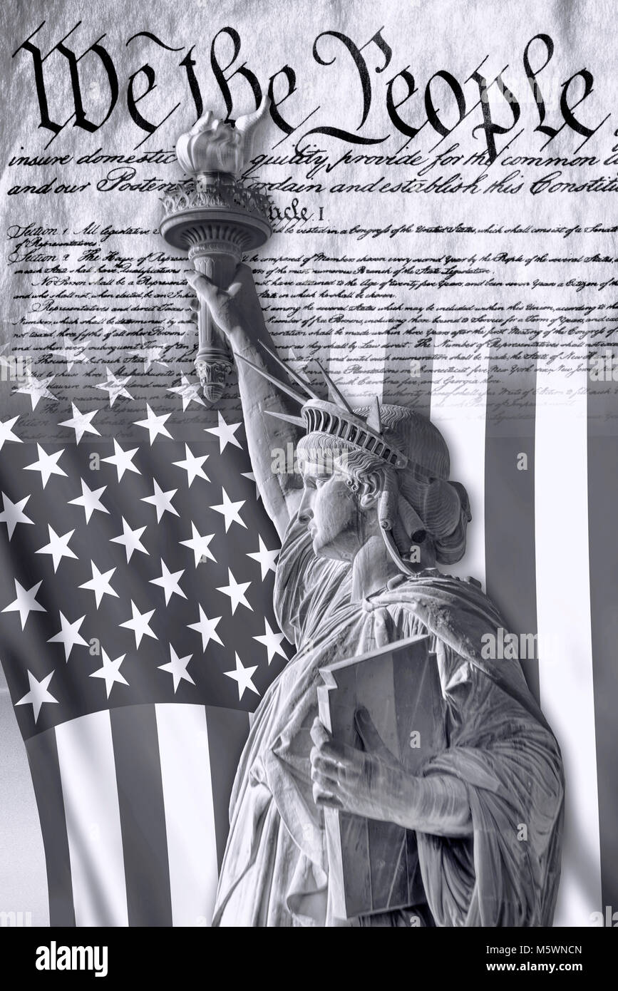 We the People with American flag and Statue of Liberty in black and white. Stock Photo