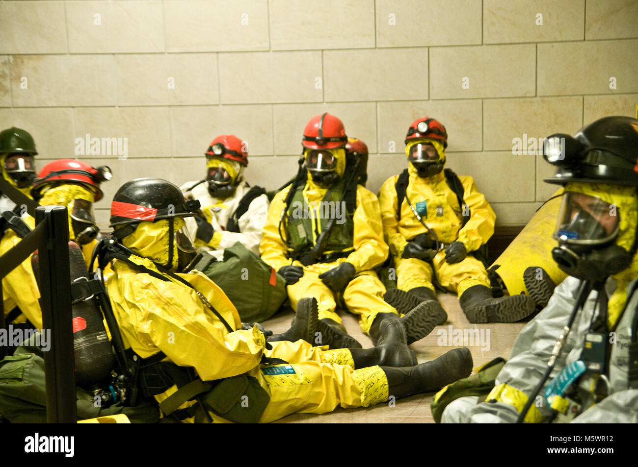 US Caoital Police Hazardous Material response team sits near the room where President Obama was giving his first State of the Union address.  The team was dressed in case there was an attack on or near the US Capital.  Capital Hill, Washington, D.C., February 24, 2009.  © Patsy Lynch /  MediaPunch Stock Photo