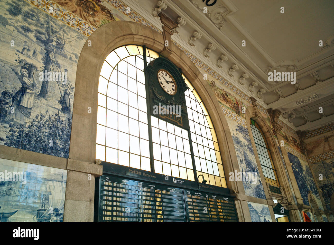 Azulejo panels at the iconic Sao Bento train station,  a 19th-century railway station built on the the remains of the Convent of São Bento da Avé Mari Stock Photo