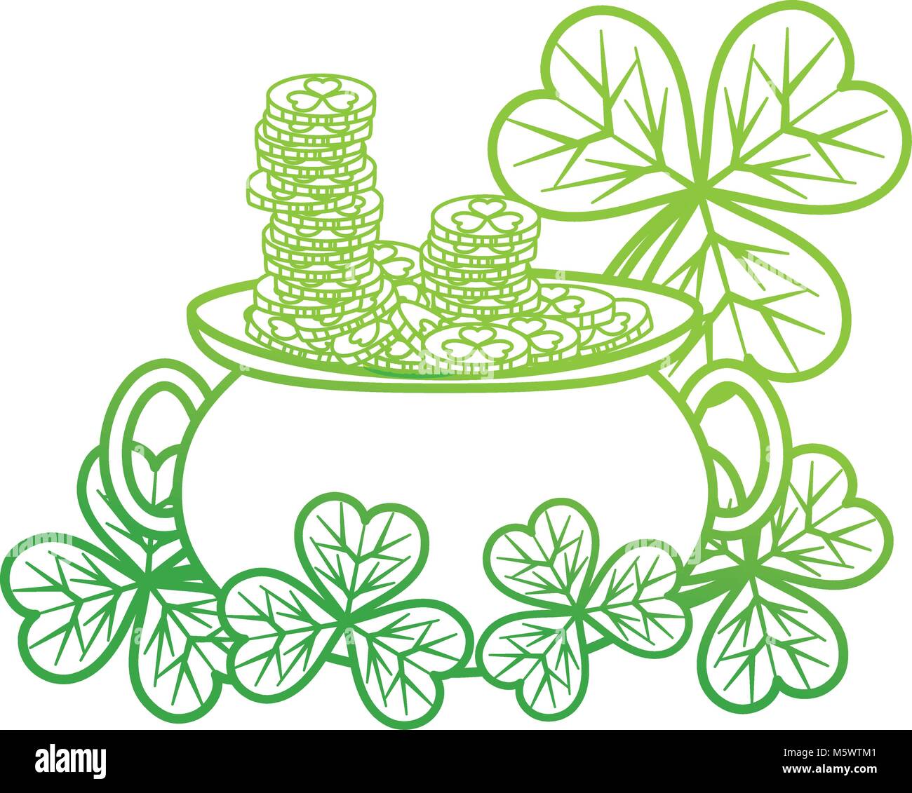 degraded line gold coins inside cauldron and clovers plant Stock Vector ...