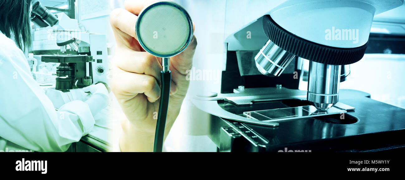Doctor and stethoscope with microscope, medical research in laboratory ...