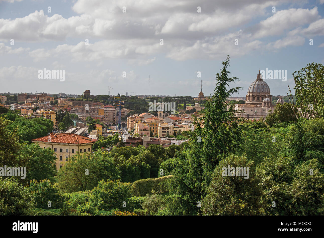 Overview of trees, cathedrals domes, monuments and roofs on a cloudy ...