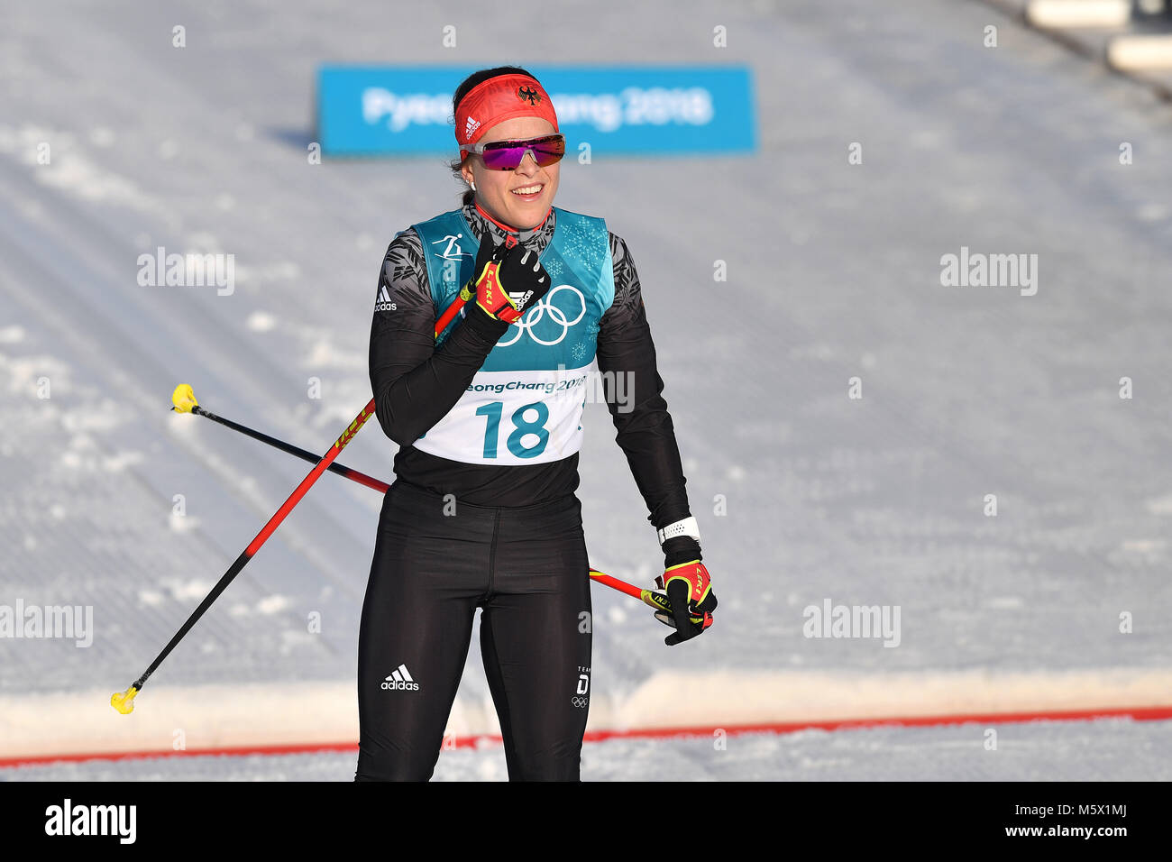 Katharina HENNIG, GER, Aktion, im Ziel, Zielankunft, Cross Country Skiing,  Ladies 30 km Mass Start Classic, Skilanglauf, 30 km der Frauen Massenstart  klassisch, Alpensia Cross Country Skiing Centre am 25.02.2018. Olympische  Winterspiele