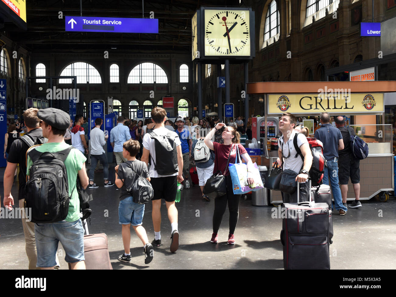 Zurich, Switzerland -  June 03, 2017: People in the hall Zurich main railway station. Zurich central train station (Zurich Hauptbahnhof). Stock Photo