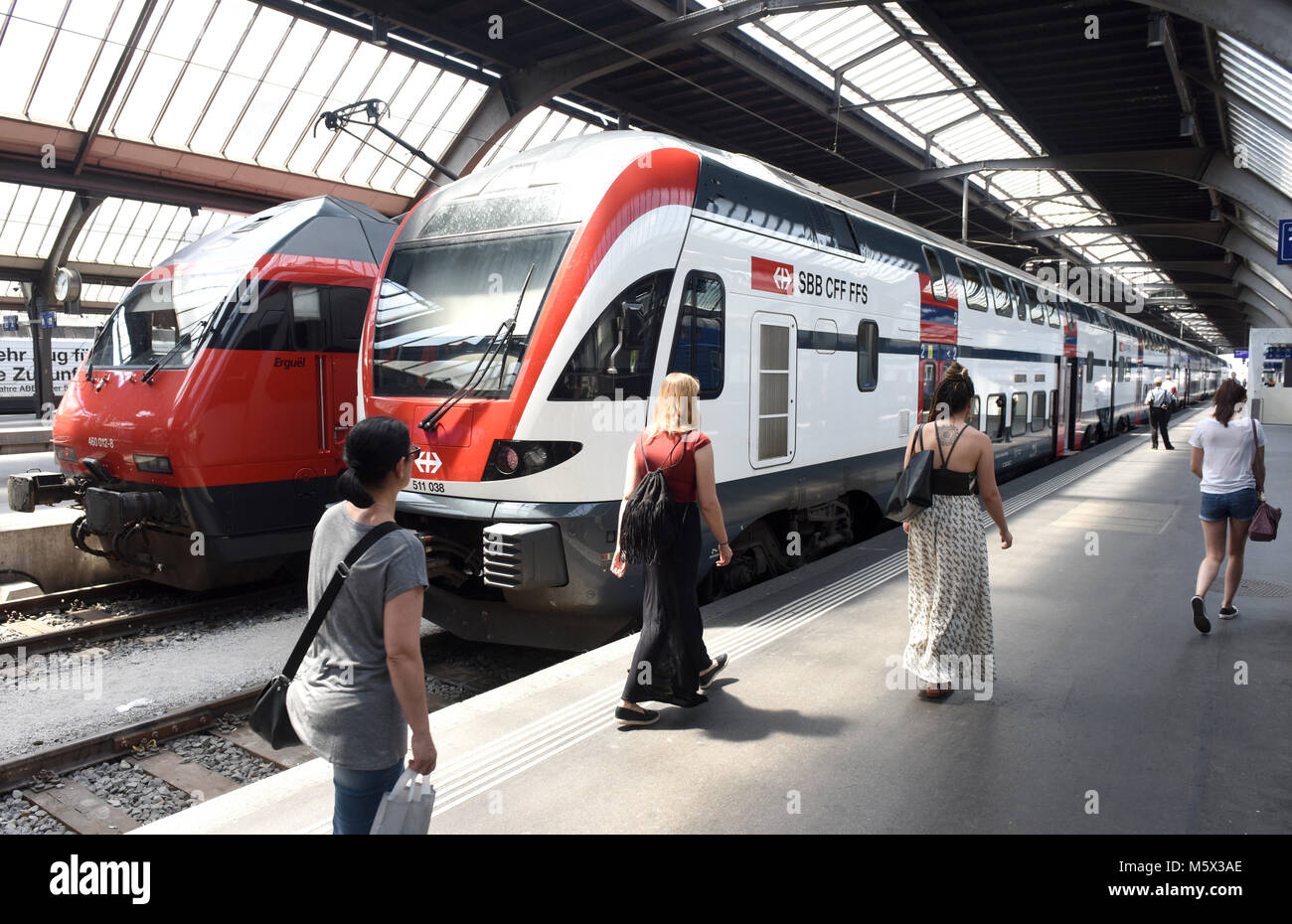 Zurich, Switzerland -  June 03, 2017: People near the train on Zurich main railway station. Zurich central train station (Zurich Hauptbahnhof). Stock Photo