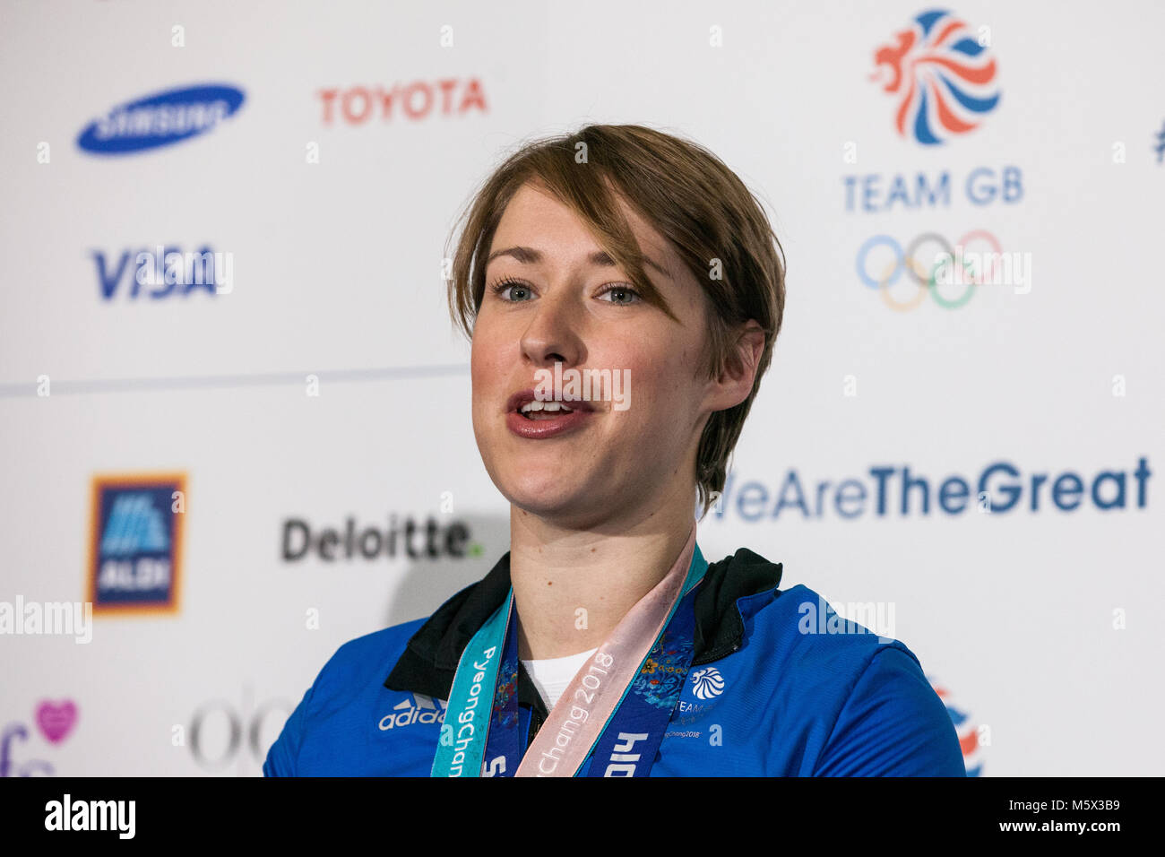 London, UK. 26th February, 2018. Gold medal winner Lizzy Yarnold addresses a press conference following the welcome of Team GB from the Pyeongchang 2018 Olympic Winter Games at Heathrow Airport. Credit: Mark Kerrison/Alamy Live News Stock Photo
