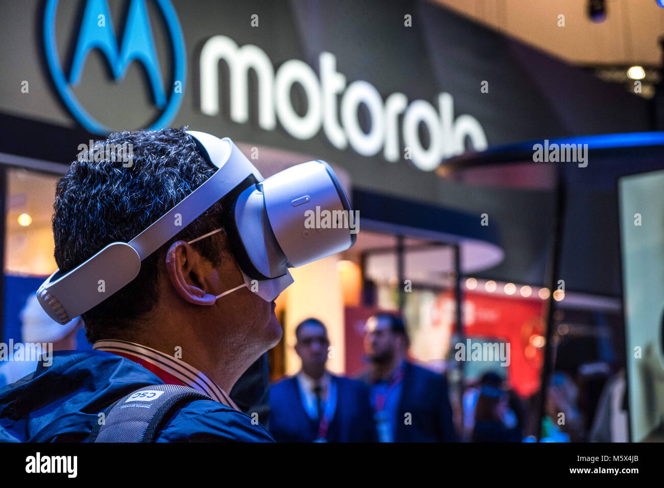 Barcelona, Catalonia, Spain. 26th Feb, 2018. Virtual reality goggles seen  in Motorola stand at the Mobile World Congress. The Mobile World Congress  held in Barcelona, Spain, since 2006 and will be held