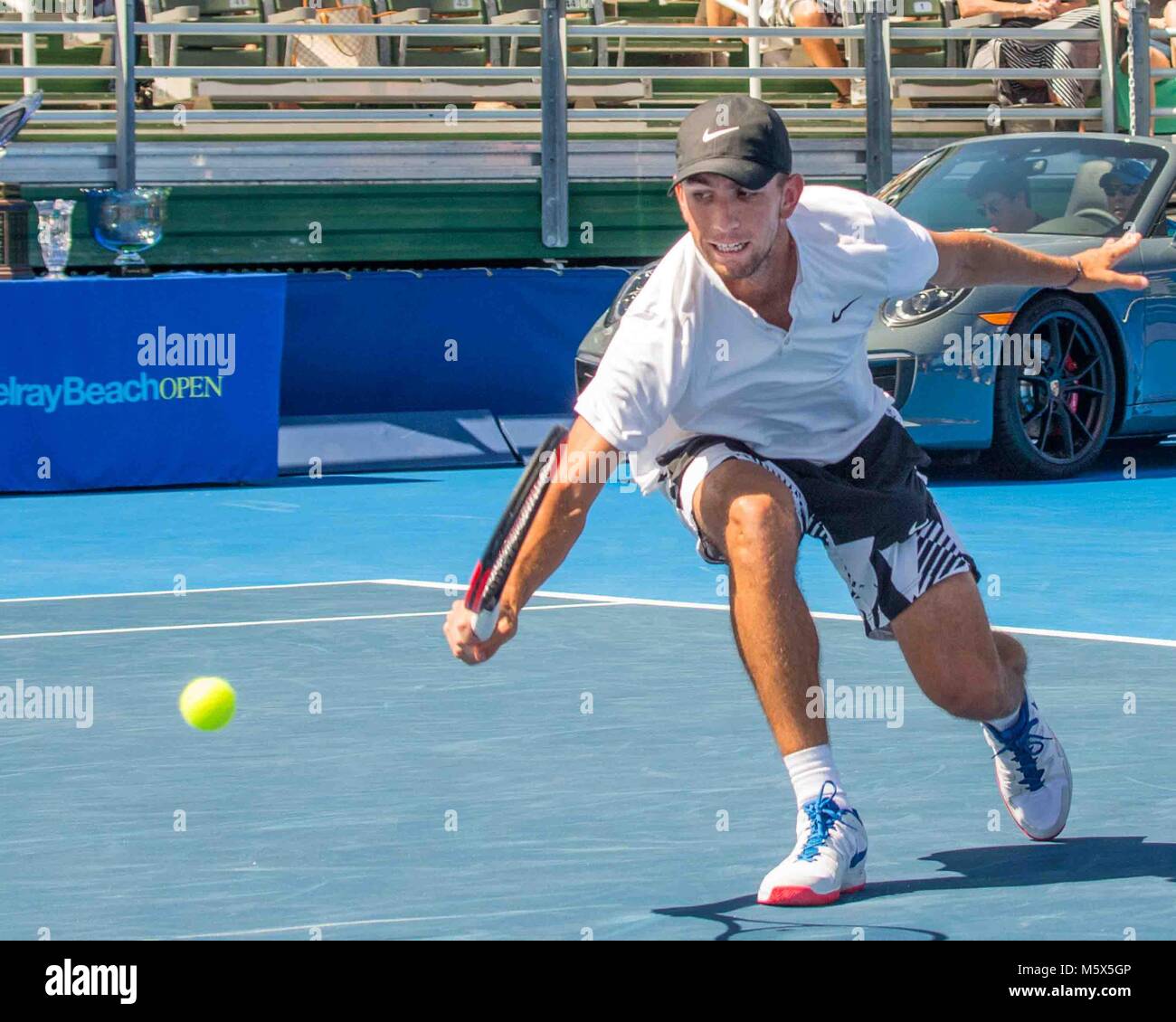 Delray Beach, FL, USA. 25th Feb, 2018. JACKSON WITHROW (US) in action on  court in the Delray Beach Open Men's Doubles Final at the Delray Beach  Tennis Stadium. He and JACK SOCK (