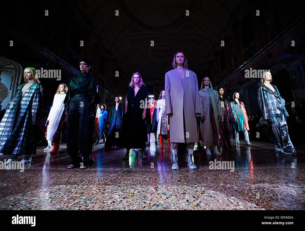 Milan, Italy. 26th Feb, 2018. Models present creations of RICOSTRU Autumn/Winter 18/19 women's collection during Milan Fashion Week in Milan, Italy, Feb. 26, 2018. Credit: Jin Yu/Xinhua/Alamy Live News Stock Photo