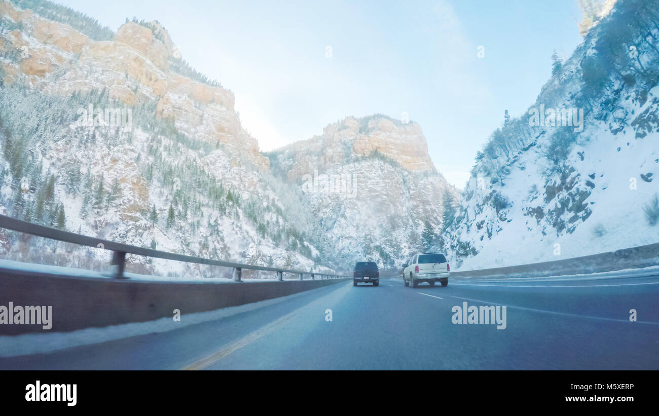 Driving through Mountain terrain in the Winter Stock Photo - Alamy