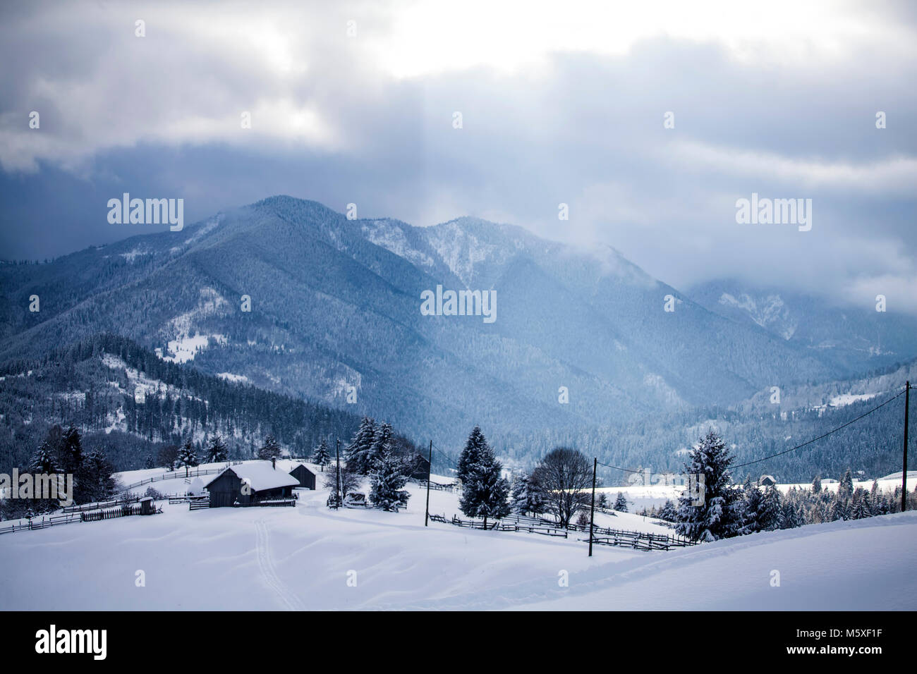 Small Romanian village in the Carpathians covered with snow Stock Photo ...