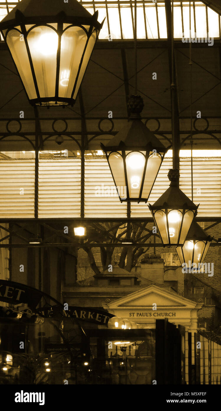 Lanterns in Covent Garden covered market in sepia, London Stock Photo