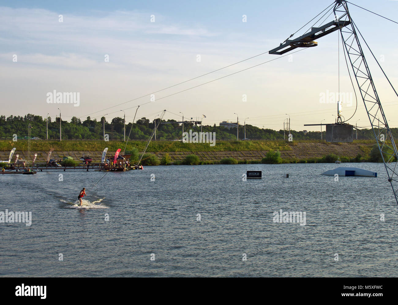 Kaluga, Russia - July 12, 2014: Fragment of river Oka in Kaluga, equipped with devices for wakeboarding Stock Photo